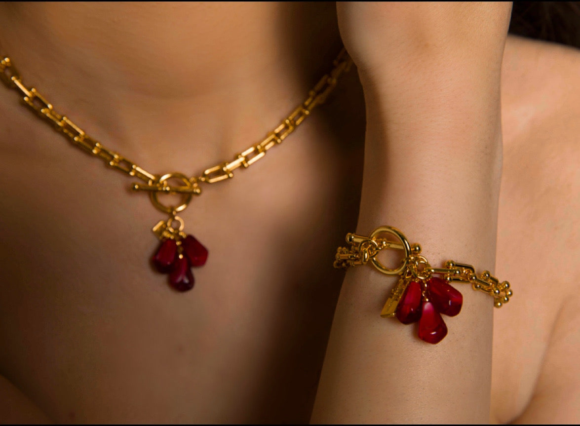 Pomegranate Seeds Bracelet in Gold & Red